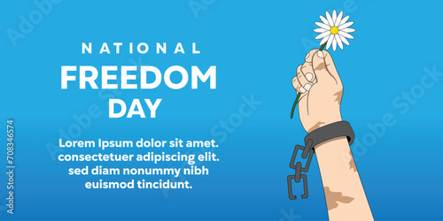 National Freedom Day card: Hands in Chains Holding Flowers. Poster, banner, social media post, card and more.