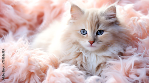 Siberian cat with blue eyes lying on pink fur.