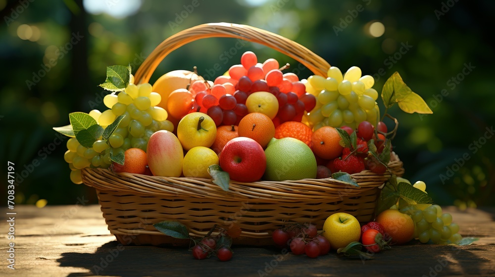 Sunlit assorted fruit basket outdoors - Generative AI Sunlit assorted fruit basket outdoors - Generative AI