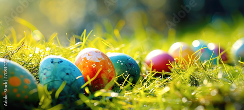 Sunlit Easter Eggs Nestled in Dewy Morning Grass