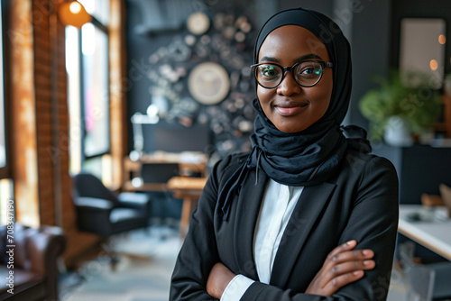 Portrait of young beautiful confident African American Muslim business woman in hijab. Standing in the office, smiling, looking at the camera, crossed her arms. Digital Entrepreneur E-Commerce work
