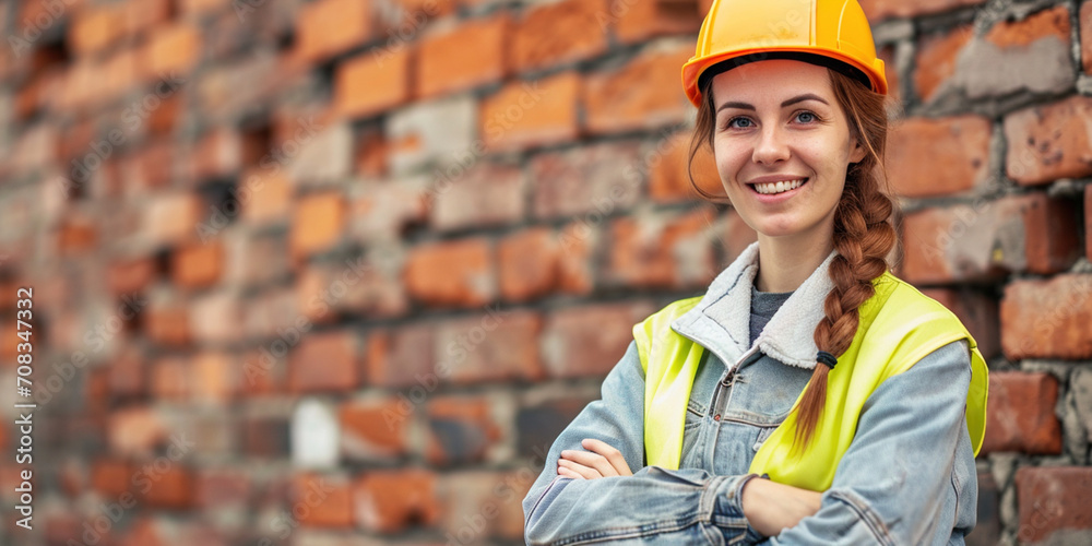 Portrait of smiling female building engineer construction worker ...