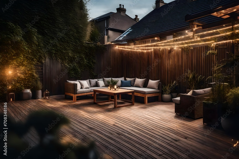 The exterior of a back garden patio area with wood decking