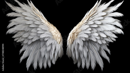 A pair of symmetrical angel wings with detailed feathers against a black background