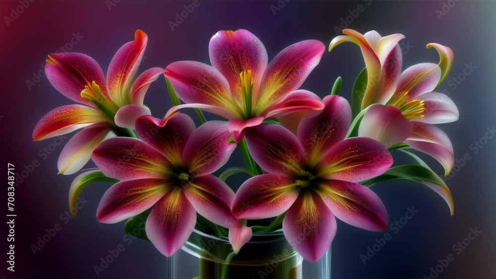 Multicolored lilies arranged in a vase, creating a striking contrast against a dark background.
