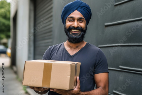 Happy portrait of Indian Pakistan welcoming friendly man on street with garage behind, storage shipping. Distribution ecommerce logistics employee in factory plant for supply chain wholesale supplier