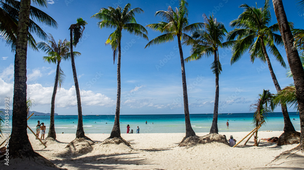 Coconut trees on a paradise white beach on Boracay Island Philippines 