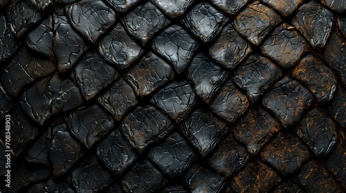 A detailed image showing a close up of a luxurious gold and black dragon scale pattern. Ideal for fantasy-themed designs, gaming graphics, fashion textiles, and interior decor.