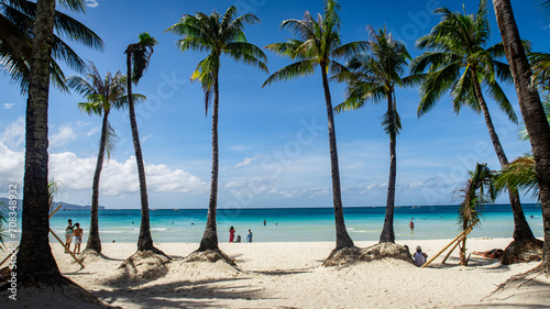 Coconut trees on a paradise white beach on Boracay Island Philippines 