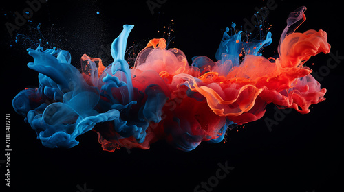 abstract acrylic blue and red colors in water ink blot on black background © Aura