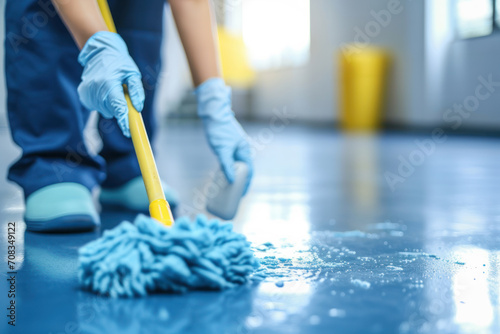 Close-up of cleaners moping the floor of a hall.