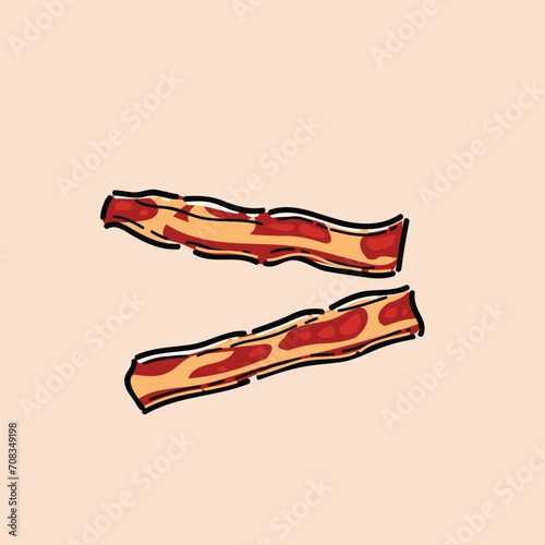 Fried bacon strips. Two strips of fried crispy bacon on cream background logo design. Fried bacon for burger and sandwich of food for shops and markets vector design and illustration.