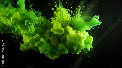 close up of green abstract ink explosion on black background