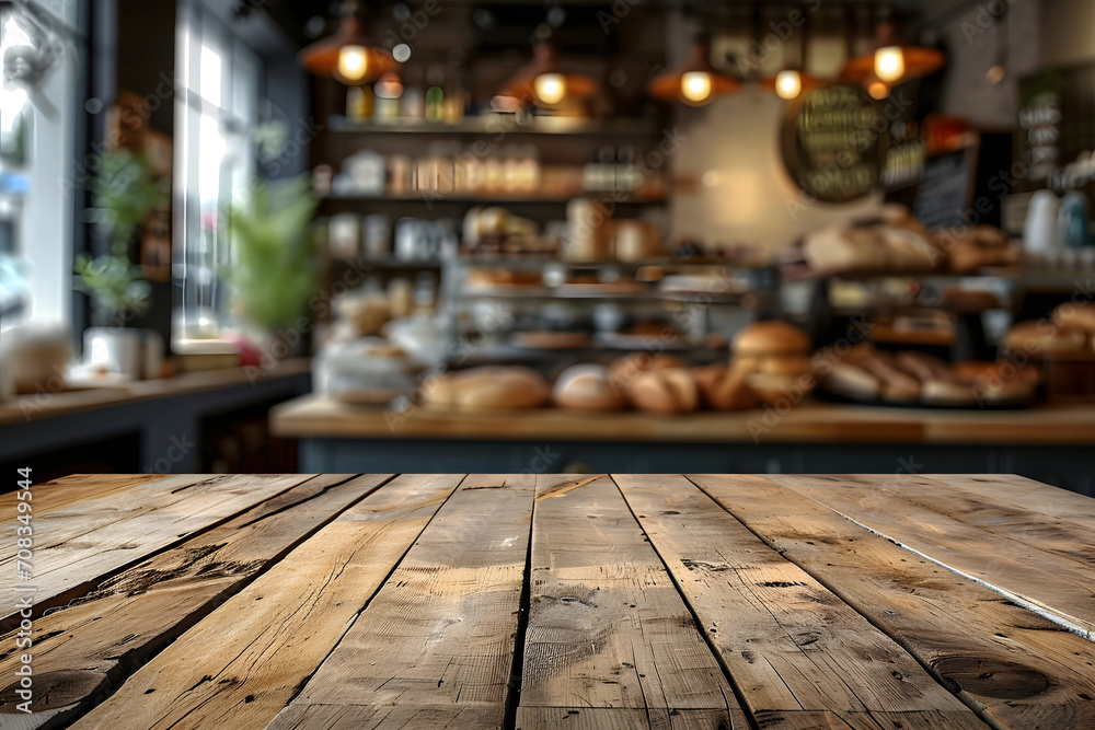 Wooden Table Foreground, Blurred Bakery Shop Background Scene