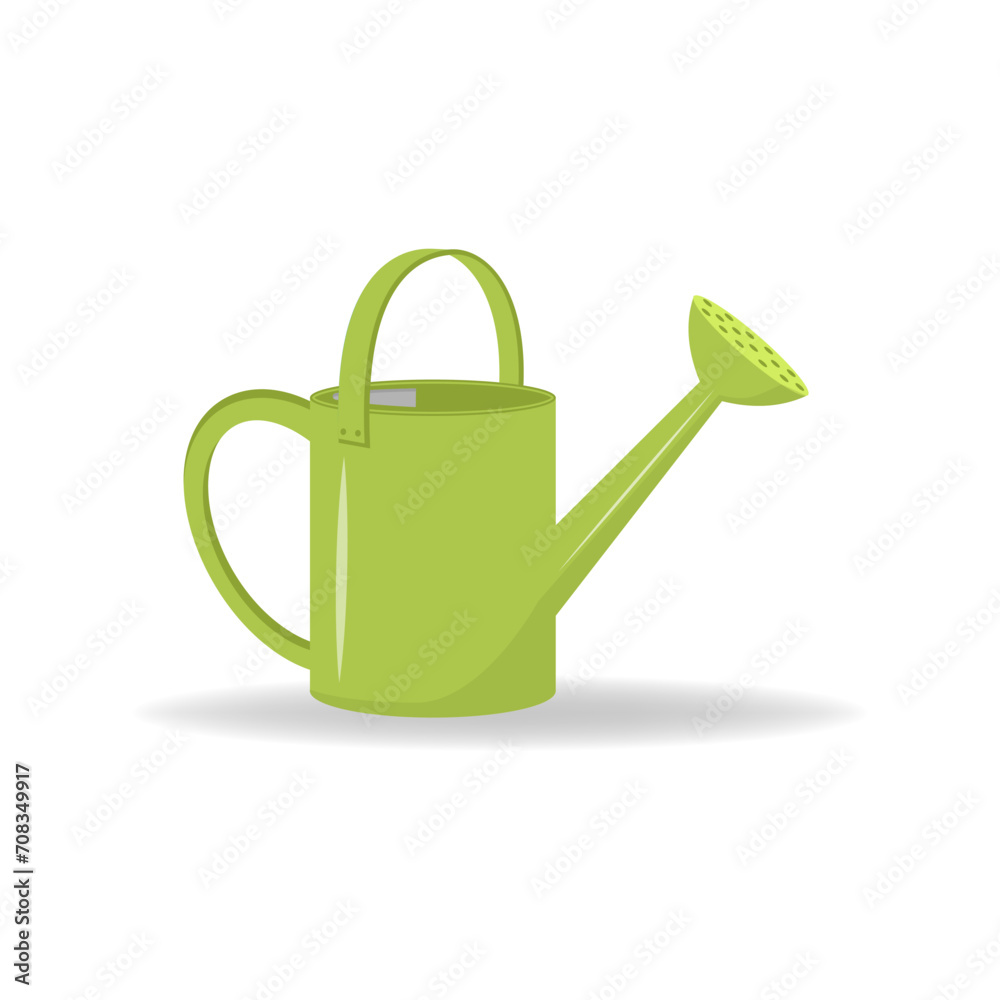 Green metal watering can or pot isolated on white background. Modern gardening tool or agricultural implement used in horticulture and plant cultivation