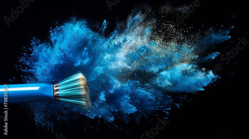 makeup brush with blue powder explosion isolated on black background