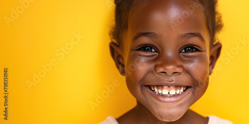 The smile of an African American elementary school girl. Portrait of smiling kid with white teeth on a yellow studio background. Healthy teeth dentistry dental care positive people concept. Copy paste photo