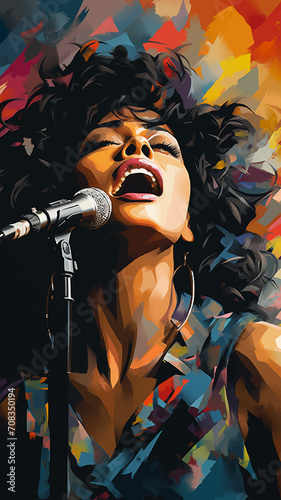 Brazilian singer singing into a microphone, grunge art. Digital watercolor painting. Painting.