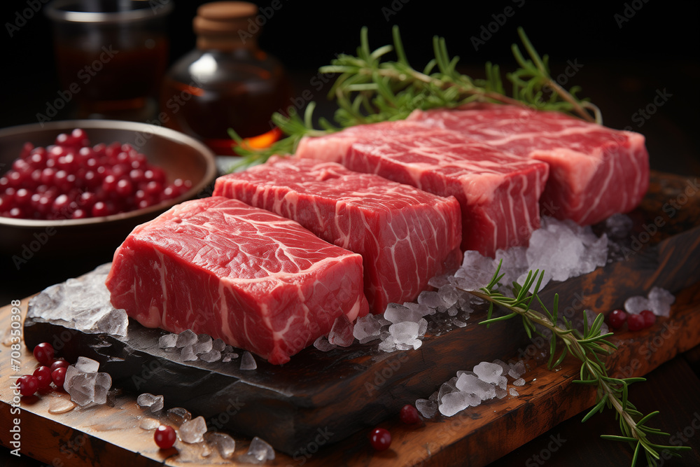 Raw beef sliced on wooden board with rosemary on wooden table.