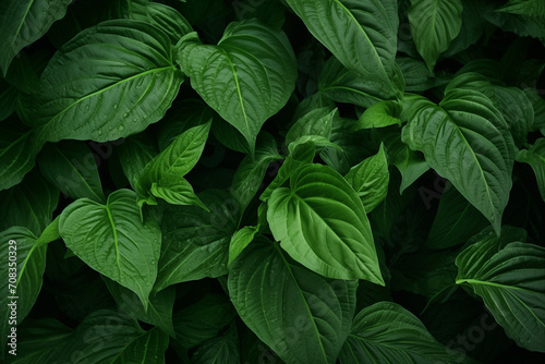 A close-up view of lush green foliage  capturing the intricate textures and patterns of leaves  creating a vibrant and organic backdrop reminiscent of a lush forest or garden.