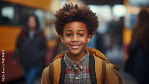 A boy or schoolboy of African American appearance on a blurred background of a bus.