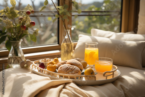 Set of breakfast with bread and orange juice in jar on sofa.
