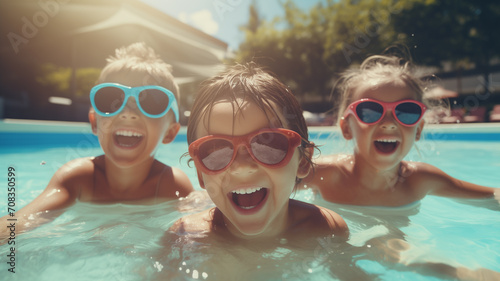 Cheerful Kids Playing in Swimming Pool, Children Friends Group in sunglasses Splashing