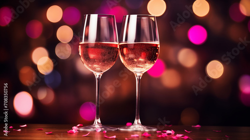 Romantic concept. Two glasses of vine with pink rose petals with bokeh background.