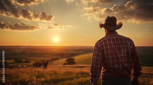 Farmer in vast fields, wearing a plaid shirt and hat. A cowboy herds horses. © aneriksson