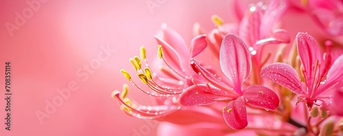 Close up of bright pink honeysuckle flower, macro. Space for text. AI generated digital design. photo