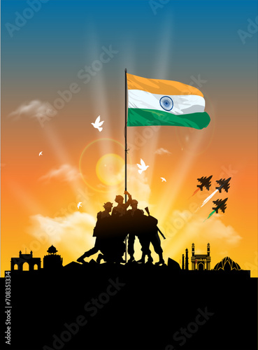 Republic day of India. Indian army holding tricolor flag and indian monuments skyline background. Victory, freedom, patriotic and parade concept.