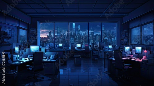A scenery of an office with many office cubicles