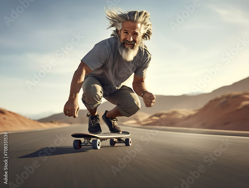 Active energetic happy cool gray haired old adult man skateboarding on road, smiling sporty fit middle aged mature older male professional skater having fun enjoying riding skateboard. 