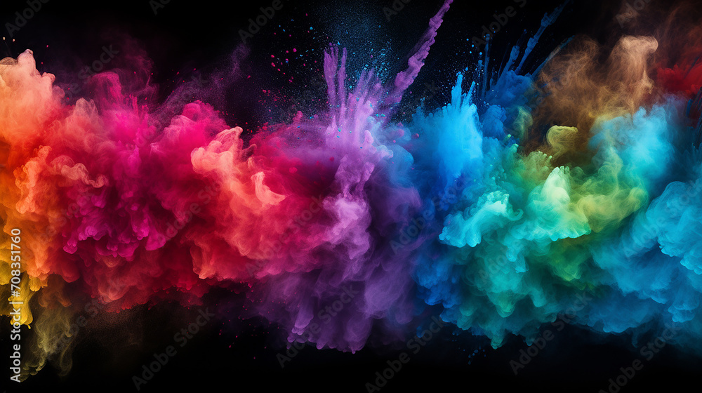 black background with colorful rainbow holi paint color big double powder - obrazy, fototapety, plakaty 