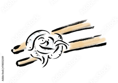 しらすを箸で掴んで持ち上げている和風手描きイラスト