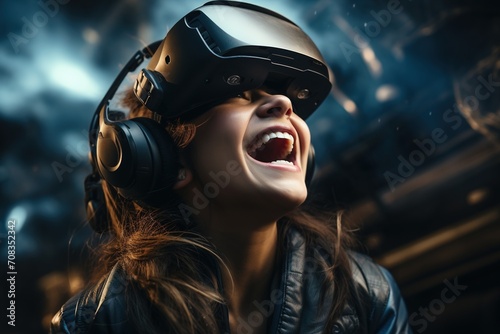 Laughing woman wearing virtual reality headset