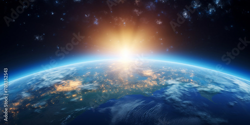 earth in space,Planet earth part of the solar systemgenerative ai,Blue and green earth background,A bright ray of sun illuminates planets orbit, Panoramic view of the earth sun star and galaxy sunrise