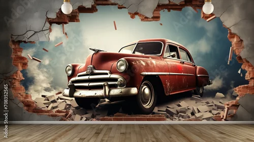 Obraz 3d wallpaper design with a classic car jumping out of broken graffinti wall