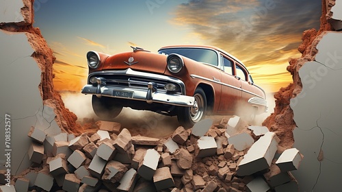 3d wallpaper design with a classic car jumping out of broken graffinti wall photo