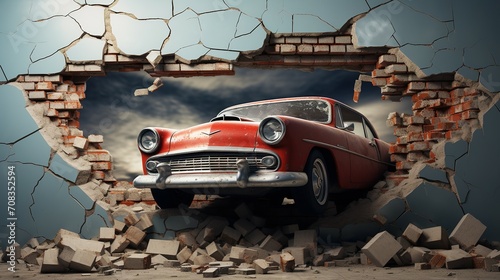Fototapeta Naklejka Na Ścianę i Meble -  3d wallpaper design with a classic car jumping out of broken graffinti wall