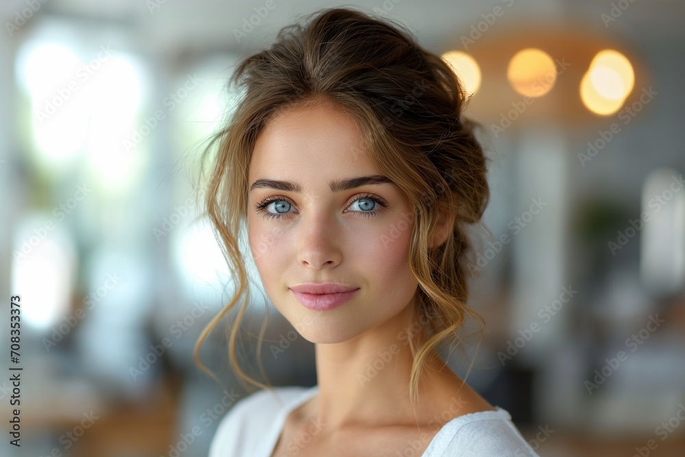 A close-up portrait of a 23-year-old woman with striking blue eyes and an elegant updo hairstyle A close-up portrait of a 23-year-old woman with striking blue eyes and an elegant updo hairstyle
