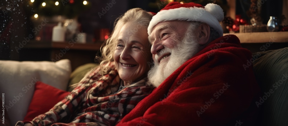 Elderly couple lounging in their living room, wrapped in a blanket, enjoying a Christmas movie on the sofa.