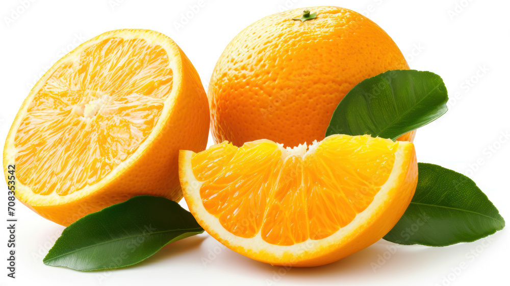 Orange with cut in half and green leaves on white background. Orange with cut in half and green leaves on white background.