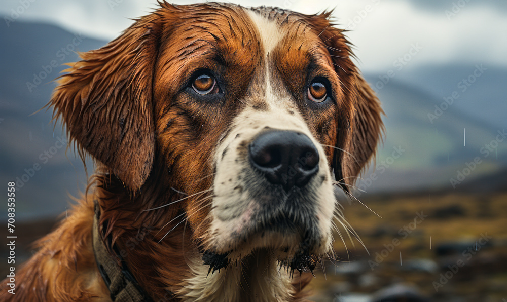 Noble Saint Bernard dog with soulful eyes against a dramatic alpine landscape under a moody sky