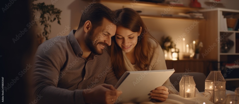 Newlywed couple plan purchases for new home, choose movie on tablet. Newlywed couple plan purchases for new home, choose movie on tablet.