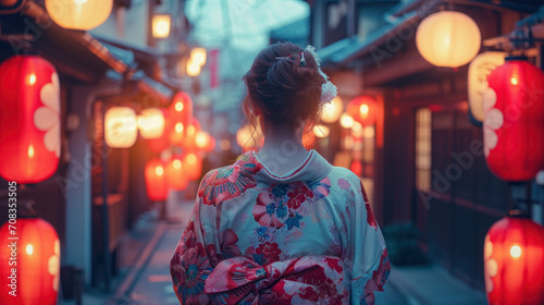 teen woman in kimono at festival on evening with copy space © Shiina shiro111