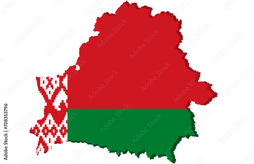 Fototapeta premium Geographic map of the Republic of Belarus in the color of the national flag on a white background.