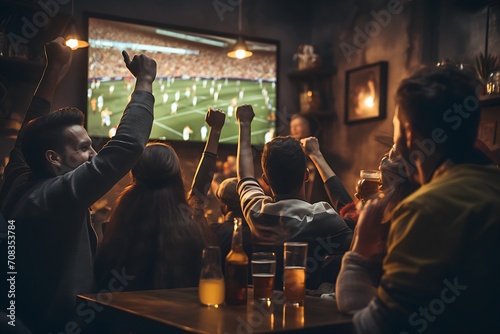 back, rear view of Group of young friends drinking beer watching football on tv screen at sports bar. people watching a match in a sports bar. fans watching a game in pub, celebrate goal  photo
