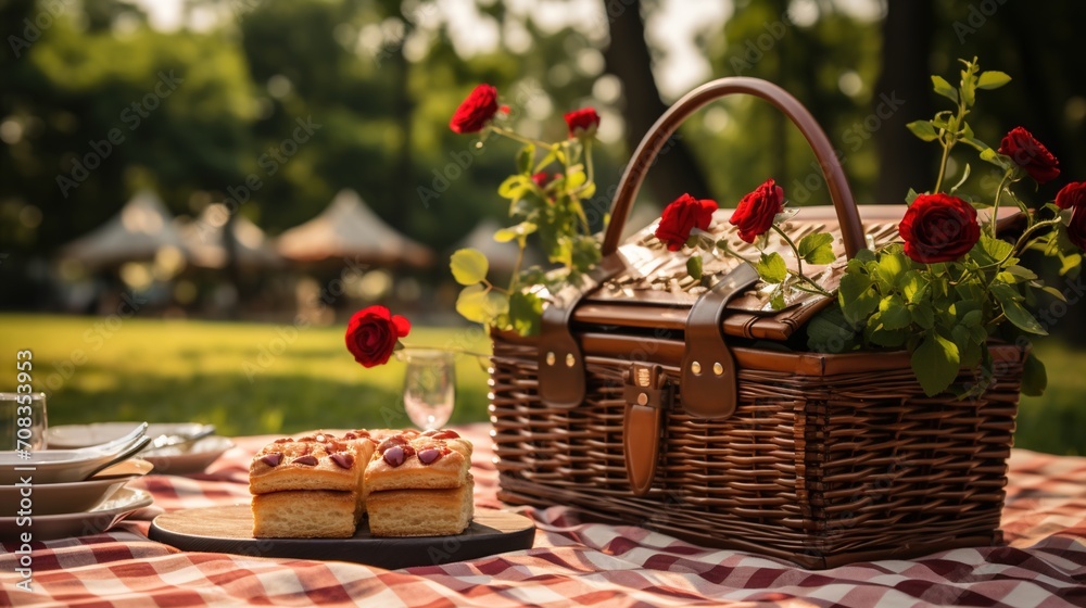 A picnic in the park with a basket full of red roses