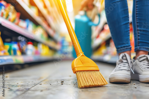 Woman cleaning floor with mop indoors store, closeup.